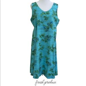 FRESH PRODUCE Dress Sz XL Teal Blue/Green Tropical Palms Sleeveless Cotton